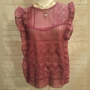 Woman's Cheveron Lace Ruffle Top - Color: Plum - Size: XS